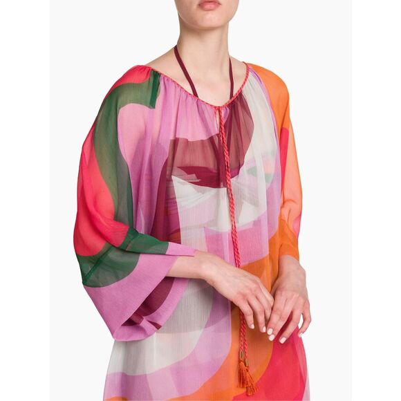NWT Etro Tassel Tie Quarter Sleeve Semi Sheer Wavy Print Tunic Top Multicolor IT - Picture 4 of 11
